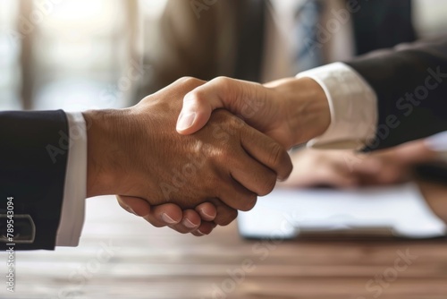 Imprenditore che mostra fiducia mentre stringe la mano a un finanziatore dopo aver concluso un accordo finanziario photo