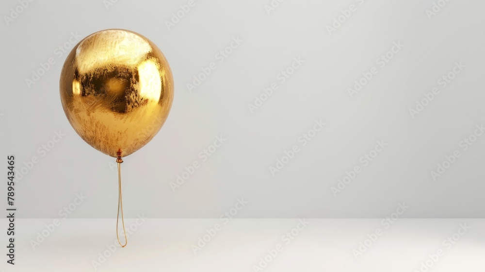 Single gold helium balloon on a white background symbolizing celebration and special occasions