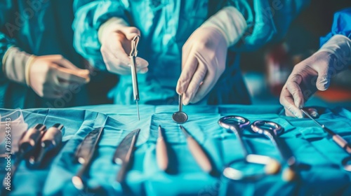 Blurred Operating Room, Assistant Hands out Instruments to Surgeons During Operation. Surgeons Perform Operation. Professional Medical Doctors Performing Surgery. 