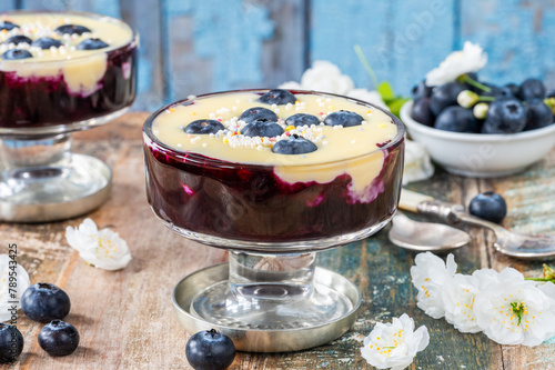 Blueberry compote with white chocolate ganache and fresh blueberries photo