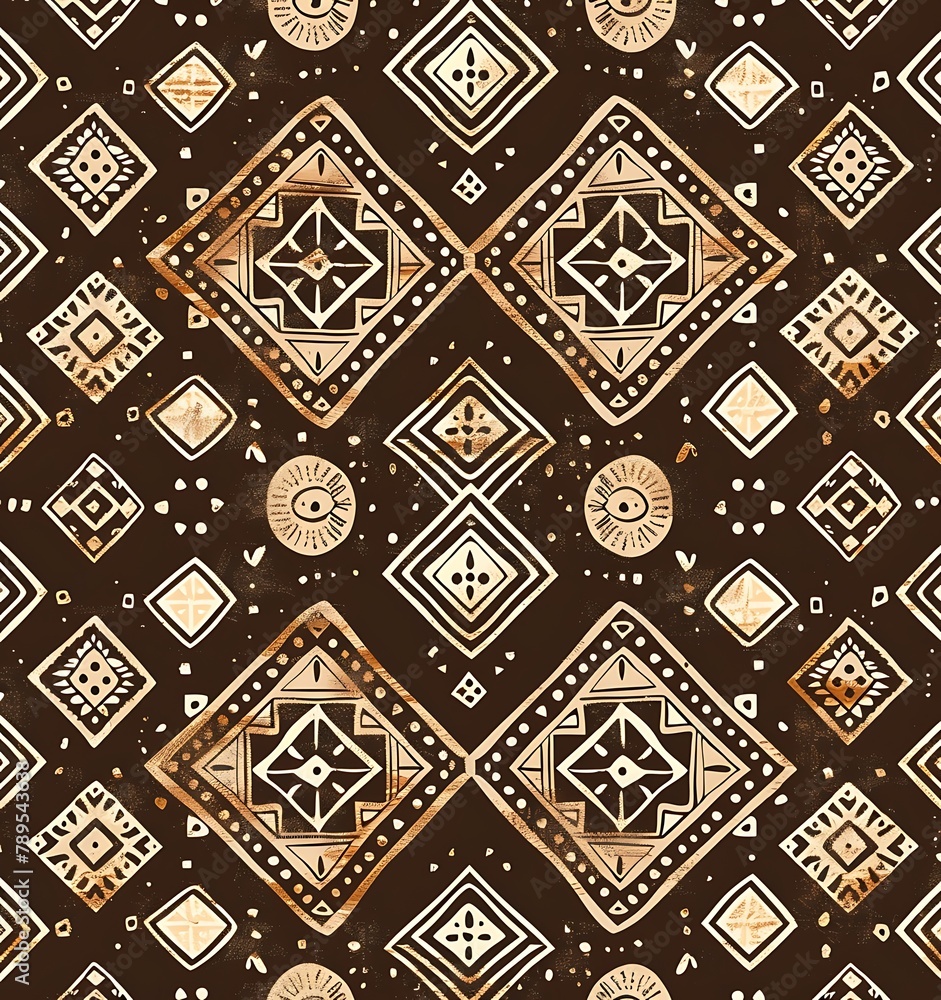 A seamless pattern of an African tribal batik, featuring geometric patterns in earthy brown and white colors, designed with traditional motifs inspired by the cultural heritage of Africa