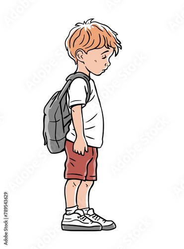 Little schoolboy boy with a backpack. Tired, sad and guilty. Cartoon vector illustration isolated on white background. Hand drawn line