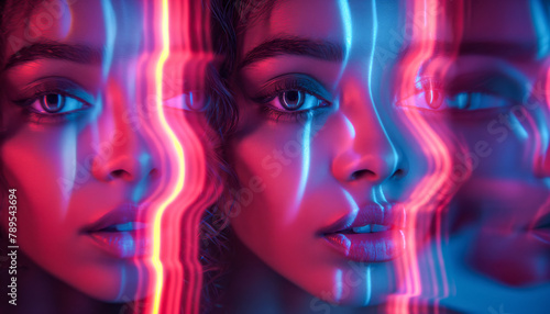 Twin reflections of a woman's face in neon lights, creating a dreamy and ethereal double exposure effect. Futuristic, cyberpunk or sci-fi aesthetic.