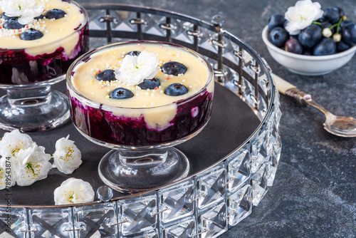 Blueberry compote with white chocolate ganache and fresh blueberries