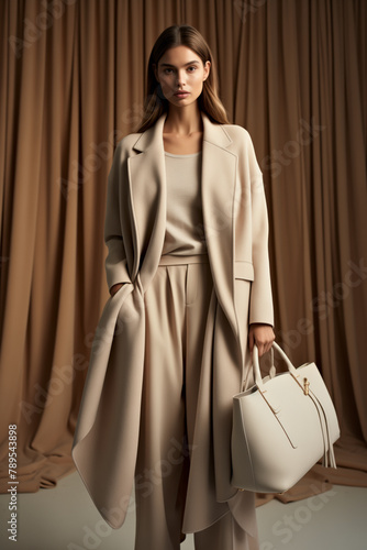 An elegant businesswoman in a sophisticated beige suit with a large white bag poses in a luxurious setting, showcasing refined style and confidence