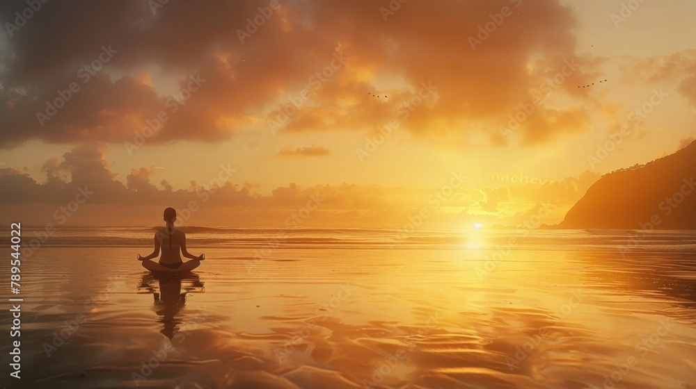 Persona che pratica yoga sulla spiaggia al mattino presto, con il sole che sorge all'orizzonte