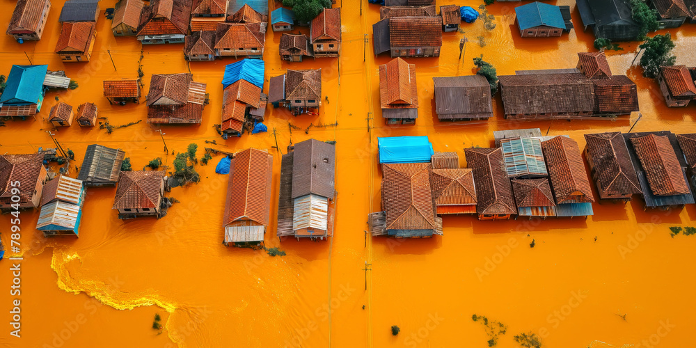 Aerial view revealing the extent of a flood, with houses submerged in muddy waters under an overcast sky.Flood consequences. Concept climate change. Aerial view revealing the extent of a flood, with houses submerged in muddy waters under an overcast sky.Flood consequences. Concept climate change.