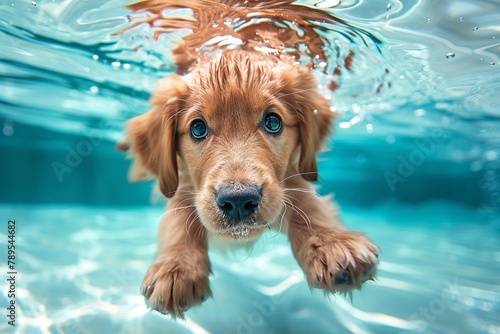 Underwater funny photo of golden labrador retriever puppy in swimming pool play with fun - jumping