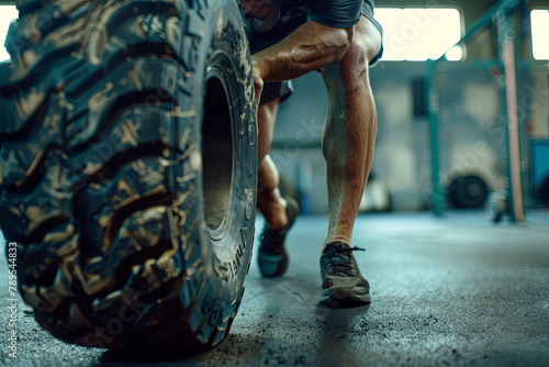 Man engaging in a strenuous workout by flipping a large tire at a crossfit gym