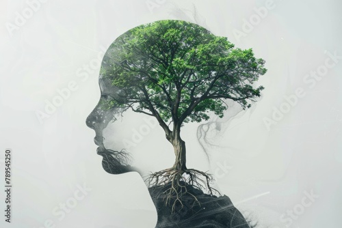 Albero che cresce dalla testa di una persona, con foglie che rappresentano pensieri positivi e radici profonde che simboleggiano la forza interiore photo