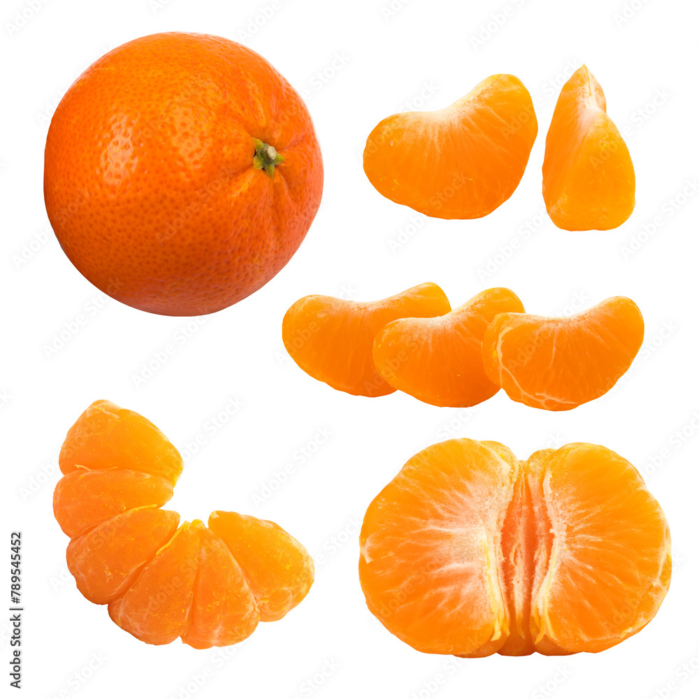 Φωτογραφία Set of fresh whole and cut mandarin, tangerine and slices isolated on white background