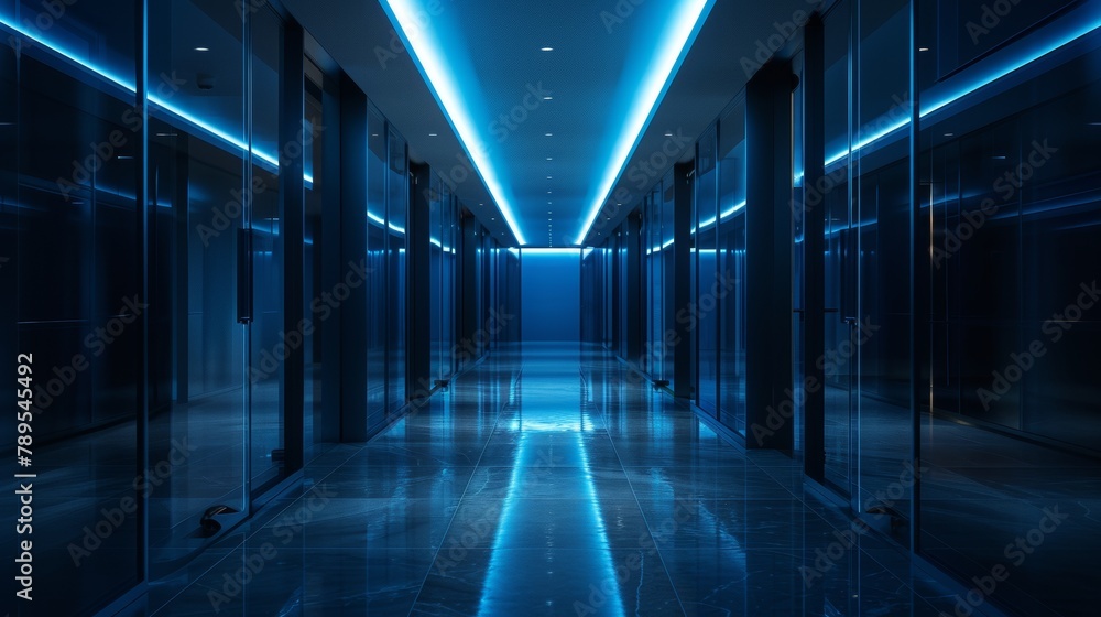 Futuristic office corridor with neon blue lighting creating a sleek and modern business atmosphere Futuristic office corridor with neon blue lighting creating a sleek and modern business atmosphere