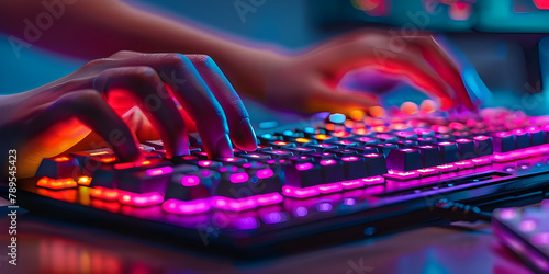 Working on a neon computer keyboard with colored backlighting background - Ai Generated