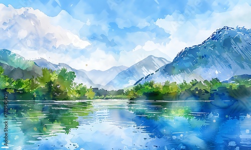 Capture the serene beauty of a flowing river in vibrant watercolor, surrounded by lush green forests and majestic mountains in the background © NookHok