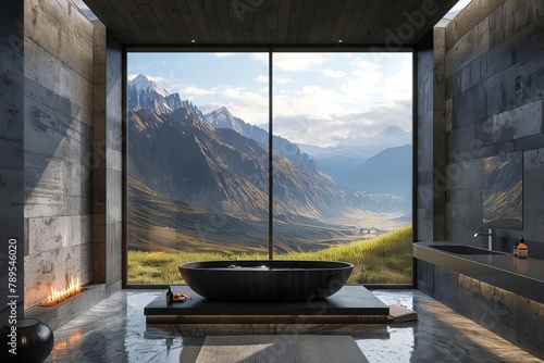 luxurious black rammed earth bathroom with mountain view natureinspired design architectural rendering photo