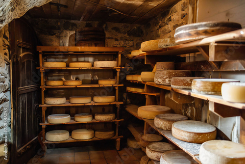 A cheese cellar where the cheese reaches perfection. Exquisite aged cheese varieties  photo