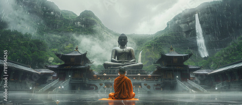 Monk meditating before Buddha statues and waterfalls. Concept Vesak day Buddhist lent, Buddha birthday. Banner with copy space photo