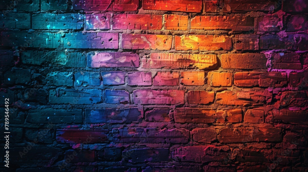 Witness the captivating contrast of light and shadow as neon hues dance across the surface of an aged brick wall Witness the captivating contrast of light and shadow as neon hues dance across the surface of an aged brick wall