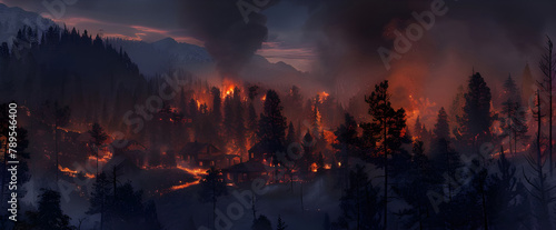 Burning village in the evening burning forest background - Ai Generated