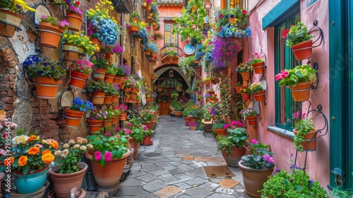 Vicolo circondato da vasi di fiori colorati photo