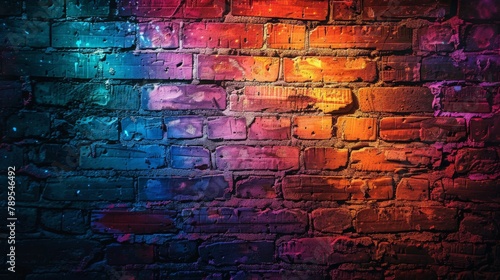 Witness the captivating contrast of light and shadow as neon hues dance across the surface of an aged brick wall