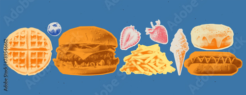 Trendy Halftone Collage Set of 40's Retro Fast Food. Burger, Fries, Donut, Hot dog, Ice cream, Waffle, Strawberry in a pop art style. Contemporary dotted texture. Magazine elements with clipped paper