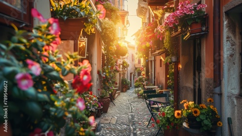Vicolo fiorito al tramonto. Ristorante italiano, circondato da vasi di fiori colorati photo
