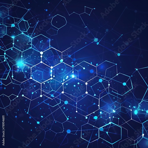 Blue abstract background with hexagons and glowing dots connected by lines