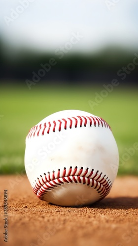 Detailed closeup of a new baseball on the pitchers mound, emphasizing the texture and stitches of the ball, with the field in soft focus background