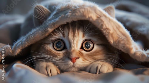 Adorable kitten peeking out from under a blanket with big expressive eyes in a cozy home setting

 photo