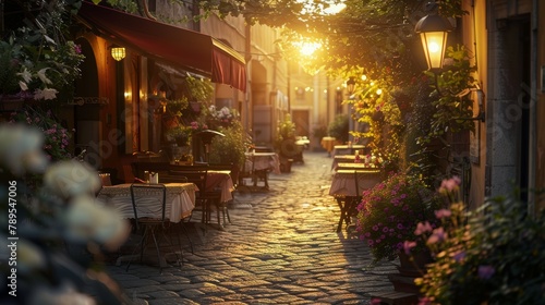 Tipico ristorante italiano nel vicolo storico al tramonto photo