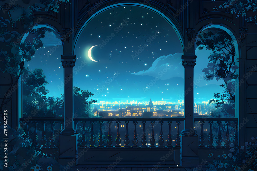 Illustration of an amazing architecture window with a night and crescent view.