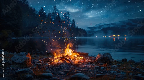 Dark night with a faint starry sky and a warm bonfire. Enjoy the clear night's magic.