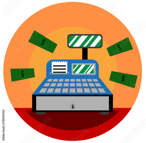Icono negocios. Vector e ilustración de caja registradora con billetes de dinero para tienda, almacén, app, sitio web, etc.