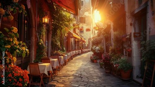 Tipico ristorante italiano nel vicolo storico al tramonto