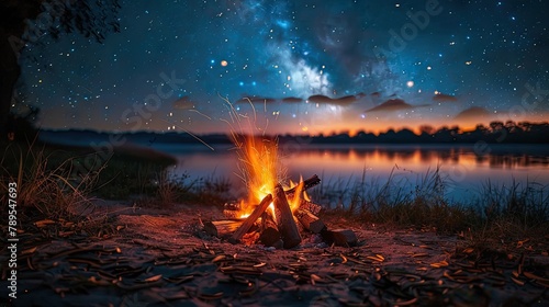 Dark night with a faint starry sky and a warm bonfire. Enjoy the clear night's magic.