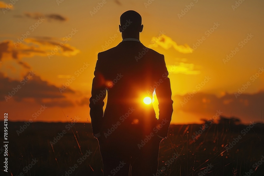 Against the backdrop of a setting sun, the shadow of a business magnate strains under the weight of a chest filled with dreams and ambitions.
