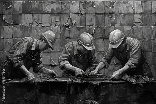 Against the backdrop of ceramic tiles, laborers work tirelessly, their forms merging into the grayscale palette of industrial progress.