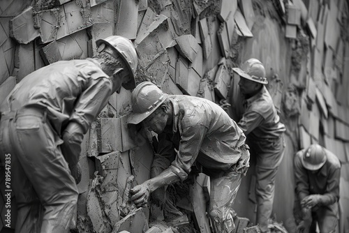 Against the backdrop of ceramic tiles, laborers work tirelessly, their forms merging into the grayscale palette of industrial progress. photo