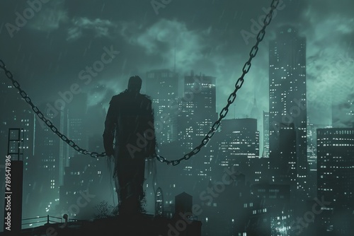 Against the city's skyline, the shadow of a determined business magnate struggles with a tethered chain.