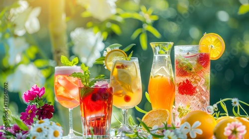 Set di cocktail estivi colorati disposti su un tavolo all'aperto con fiori freschi. Ideale per promuovere feste ed eventi estivi. photo