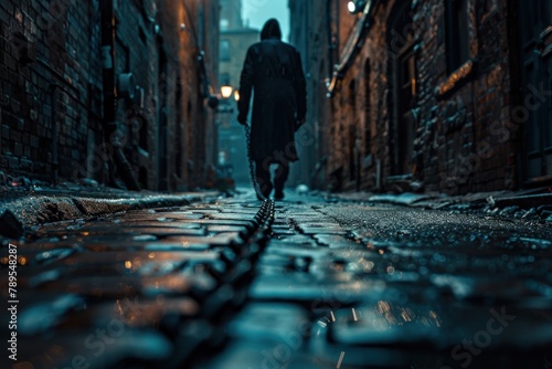 In the dimly lit alley, the silhouette of a determined entrepreneur emerges, dragging a chain tethered to a vault of assets, each link symbolizing a challenge overcome.