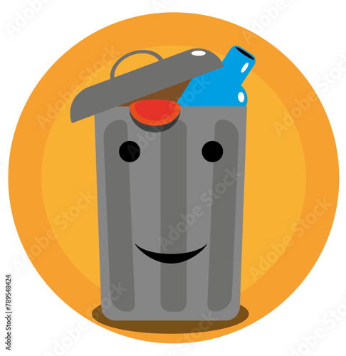 Vector e ilustración de tacho de basura con cara feliz estilo caricatura. Para app, sitio web, etc