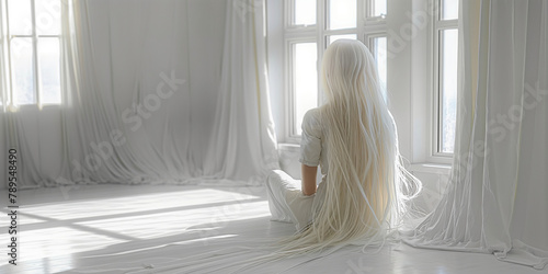Albino girl with extremely long white hair, dressed in white, with her back turned, sitting on the floor of a room painted white, with white curtains on the windows, Daylight reflecting on the floor.  photo