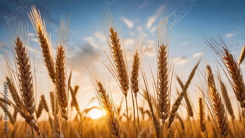 Golden wheat field in sunset