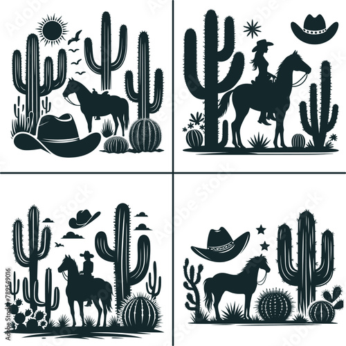 Western Desert Cactus Vector , Cowboy and Cowgirl Vector , Horse Vector 