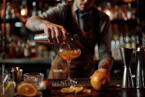 L elegante barista prepara un cocktail artigianale con maestria  dimostrando la sua abilit   nel dosare gli ingredienti con precisione.