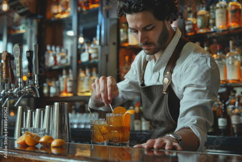 L'elegante barista prepara un cocktail artigianale con maestria, dimostrando la sua abilità nel dosare gli ingredienti con precisione. photo