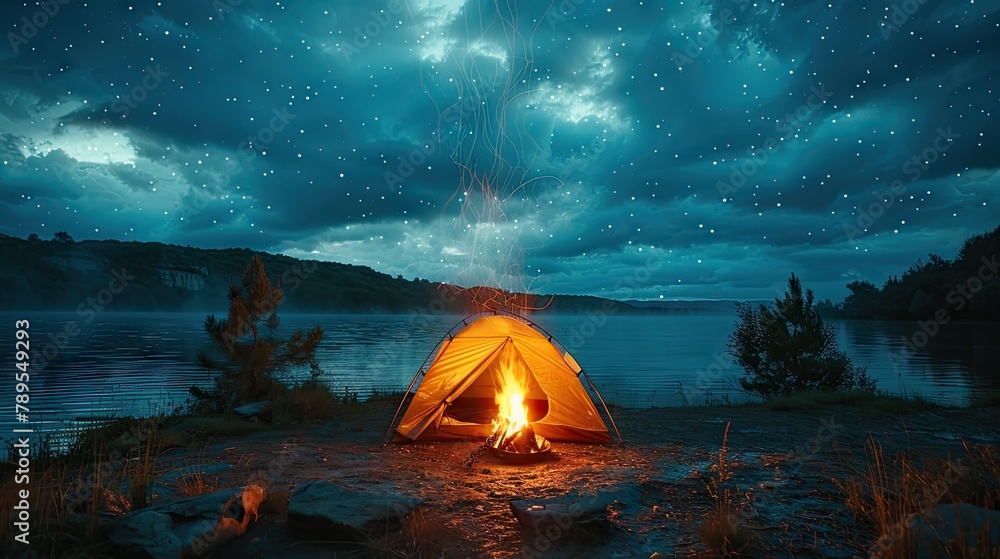 Rainy evening in a tent, gazing at a bonfire and starry sky