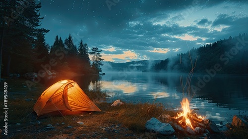 Rainy evening in a tent, gazing at a bonfire and starry sky